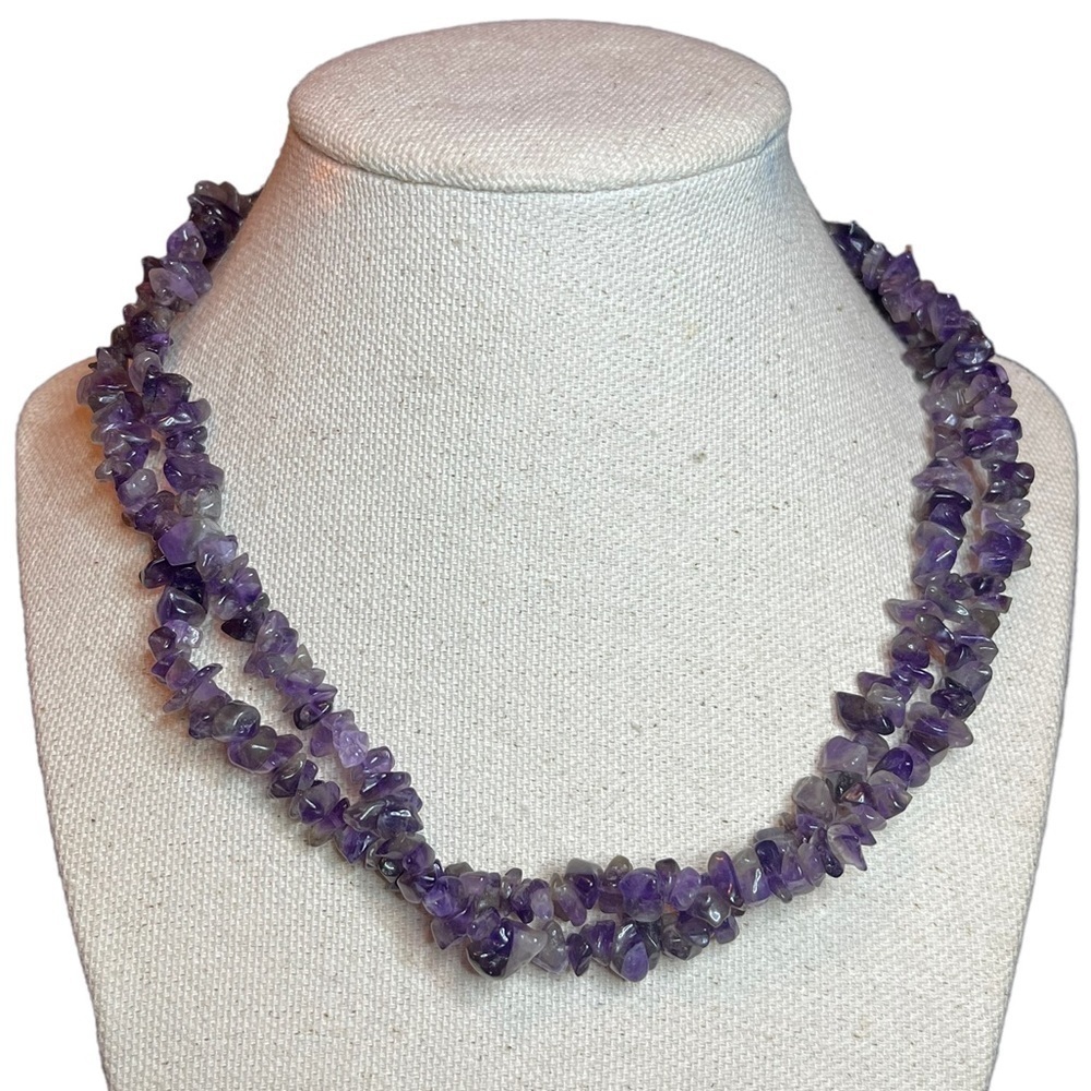 Vintage Amethyst Crystal Chip Bead Pullover Necklace‎ Aquarius Birth Stone 17”